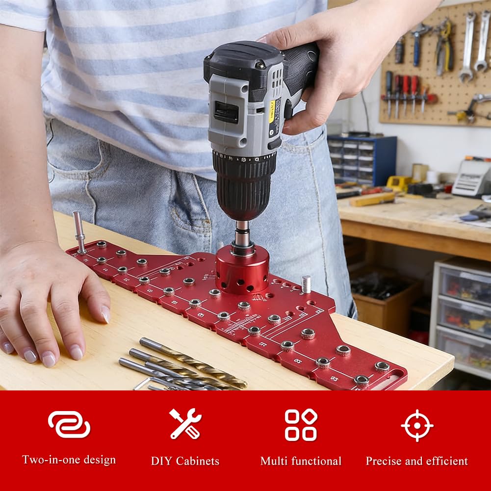 Szablon do wiercenia 2 w 1, wspornik półki i taśma doniczkowa 35 mm – aluminiowy szablon do wiercenia z tulejami prowadzącymi 5 mm/6,25 mm, raster 32 mm, w zestawie wiertło 5 mm i 6 mm – precyzyjne
