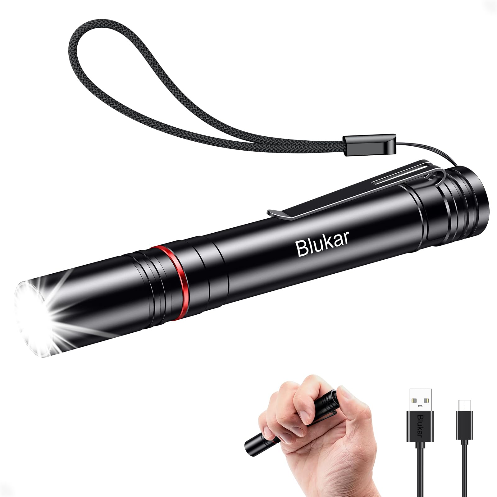 Blukar LED Taschenlampe Mini Hell Stift Licht Lampe Wasserdicht Pen Light | Kompakt Wiederaufladbar Klein EDC Taschenlampen mit 4 Lichtmodi Zoombar Handlampe mit Stiftclip & Schlüsselband