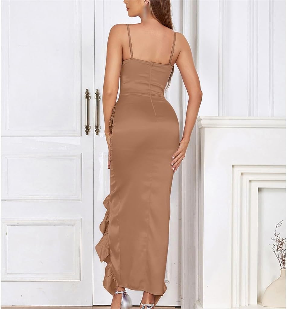 JSEIAJB Halter Sheath Pleated Ruffle Irregular Long Dresses