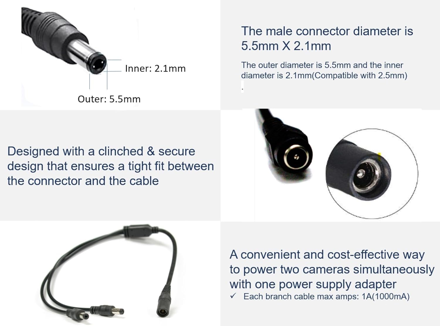 DC Y Splitter Cable 1 Female to 2 Male,5.5mm x 2.1mm DC Power Extension Adapter Cable,for CCTV Surveillance Cameras,Surveillance Routers,DVR,and More — Amazon image 2
