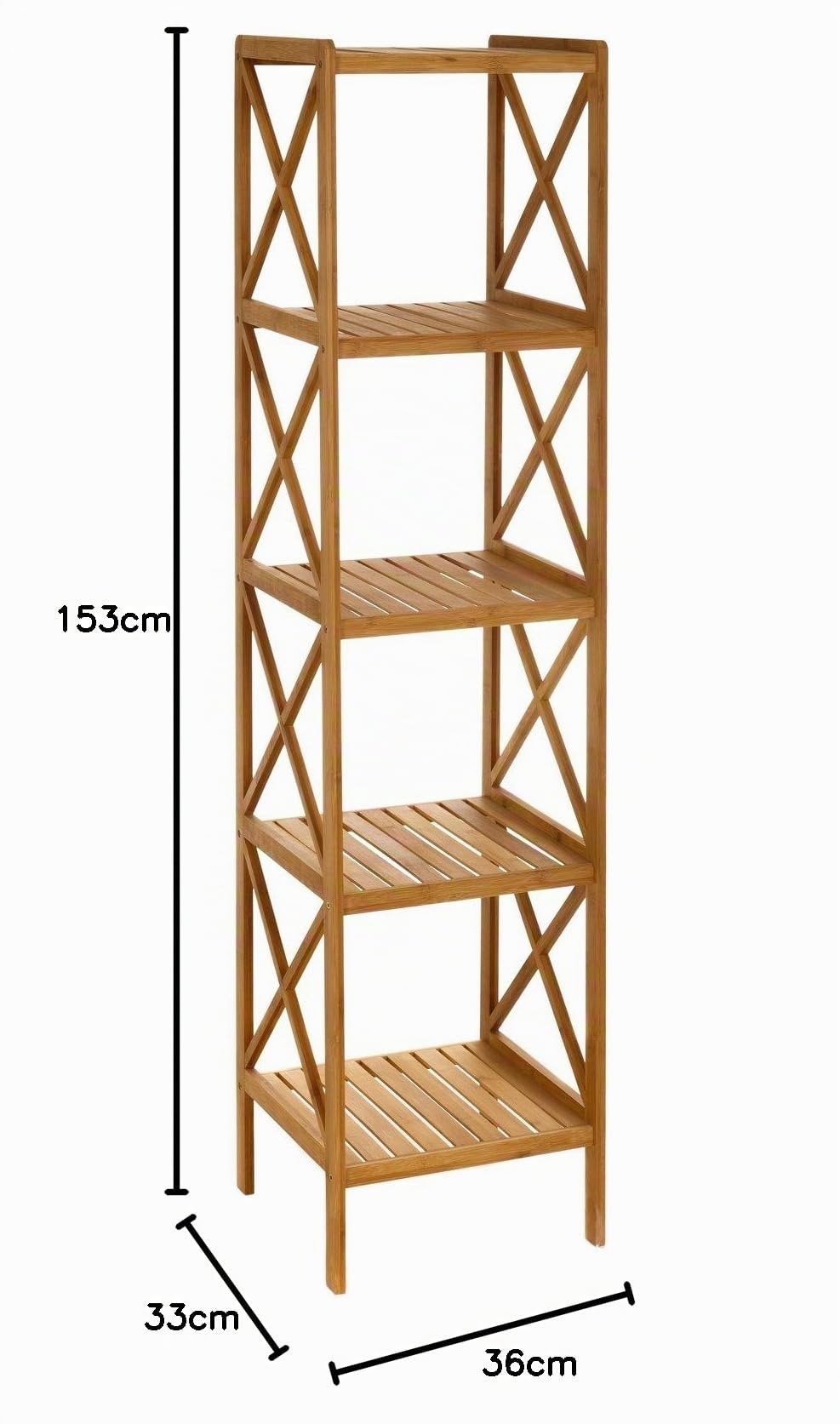 Estantería de pie de bambú natural con 5 baldas alistonadas de 37x33x153 cm | Estante de baño para almacenaje con laterales en cruz decorativos. Resiste 5kg por balda.