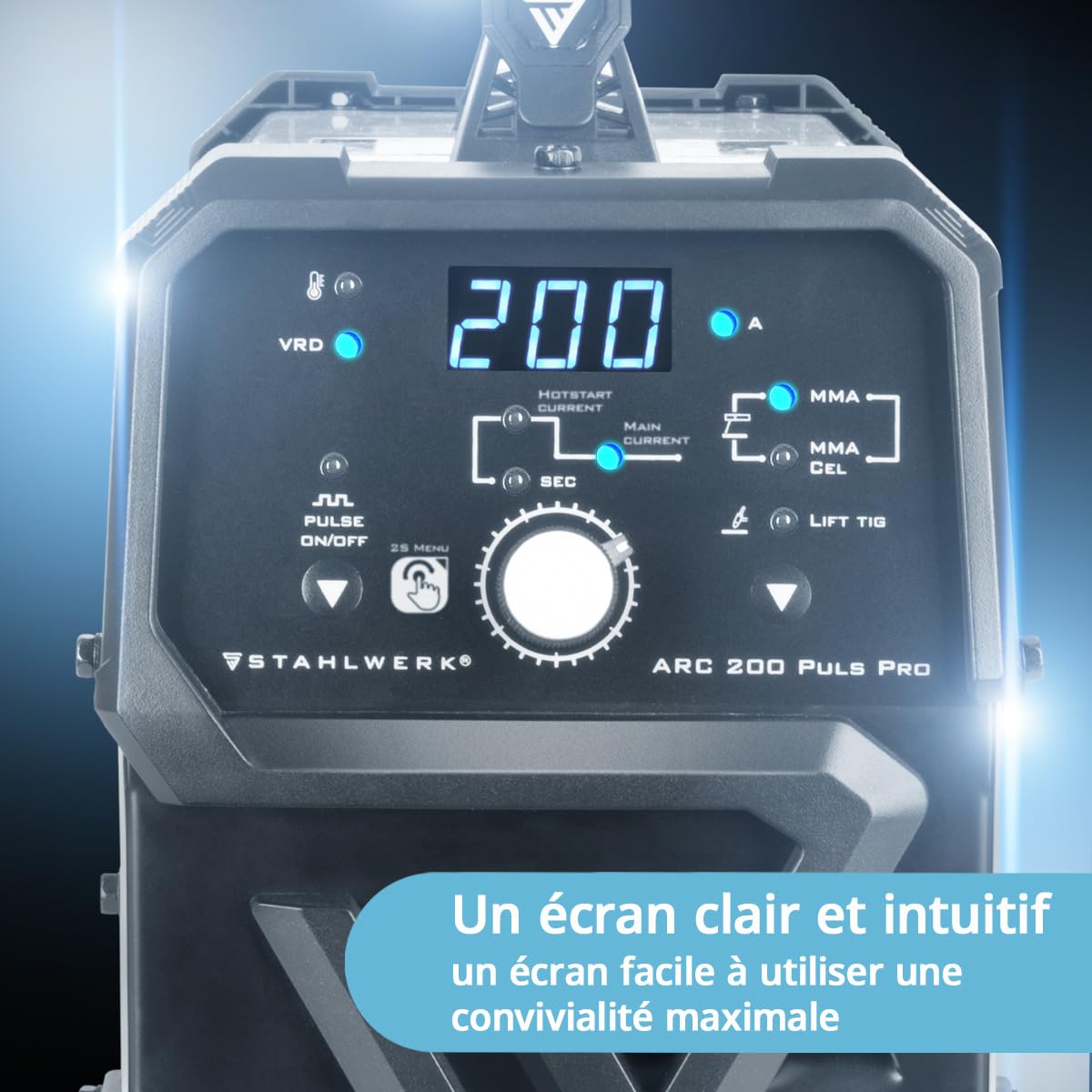 STAHLWERK Poste à souder à l'électrode ARC 200 Puls Pro – Soudage sans gaz, compact MMA, électrode, Inverter Lift-TIG de 200 A, Hot Start, Arc Force, Antistick, technologie IGBT, fonction Pulse