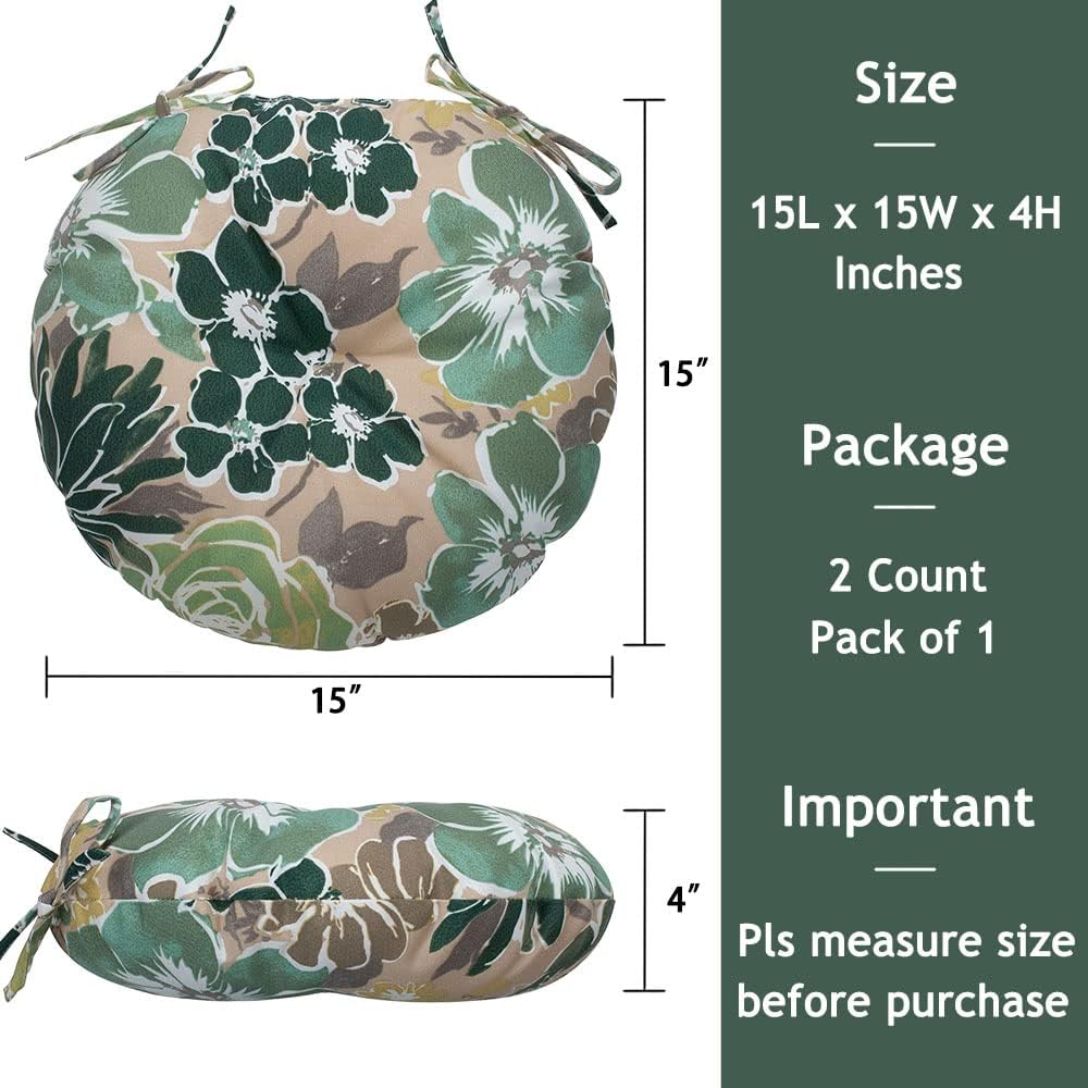 Magpie Fabrics 15" Round Bistro Seat Cushions with Ties, Set of 2, Waterproof All Weather Tufted 4" Thick Patio Chair Pads for Home Garden Dining Metal Stool - Green Floral