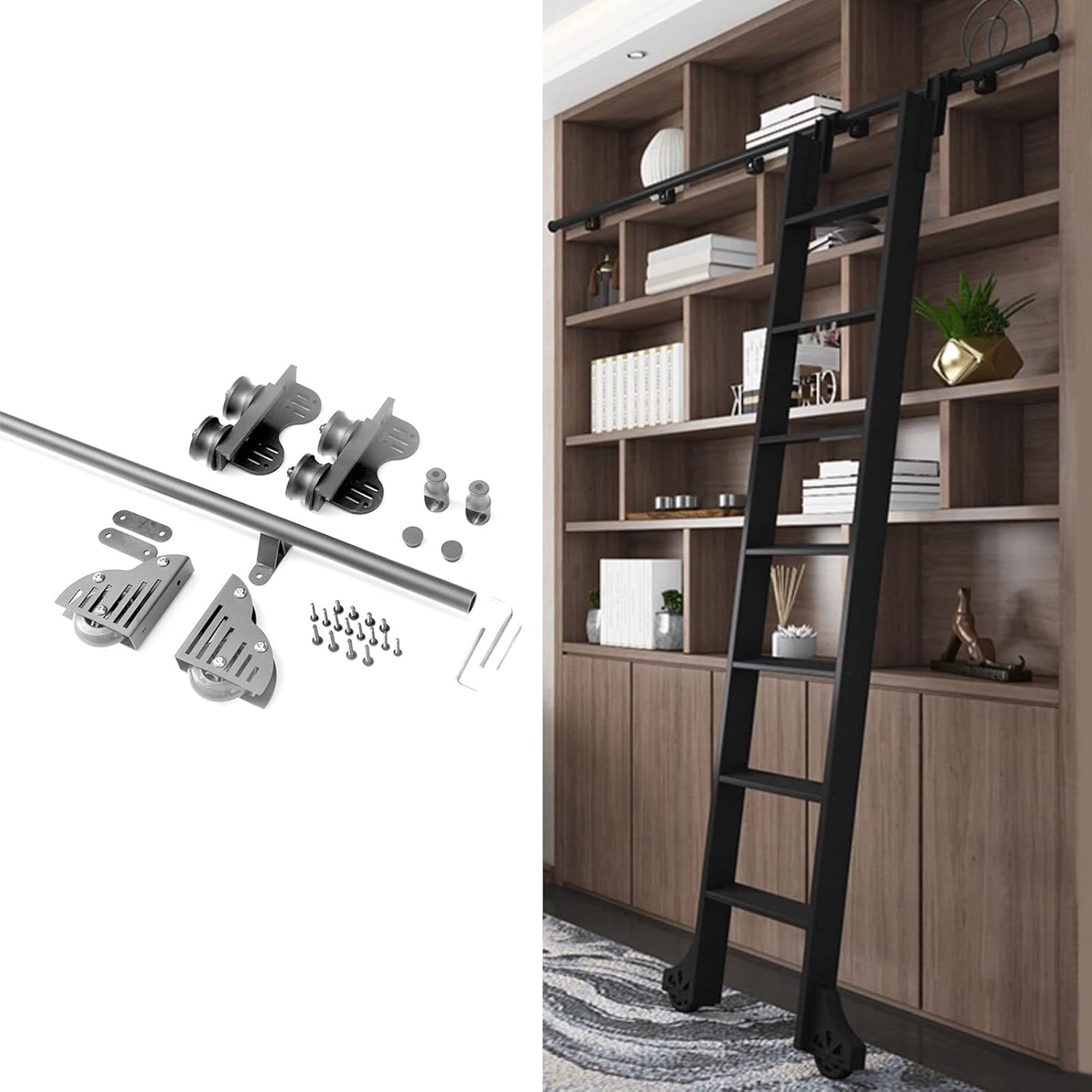 Retractable Rolling Ladder Hardware Library Sliding Ladder Hardware Kit Round Track/Rail with Floor Roller Wheels,Steel Round Tube Mobile Ladder Tracks/3.3Ft/100Cm Track,16Ft/500Cm Track Kit