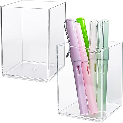 QPEY Paquete de 2 soportes de acrílico transparente para bolígrafos, soporte para brochas de maquillaje acrílico, accesorios de escritorio de