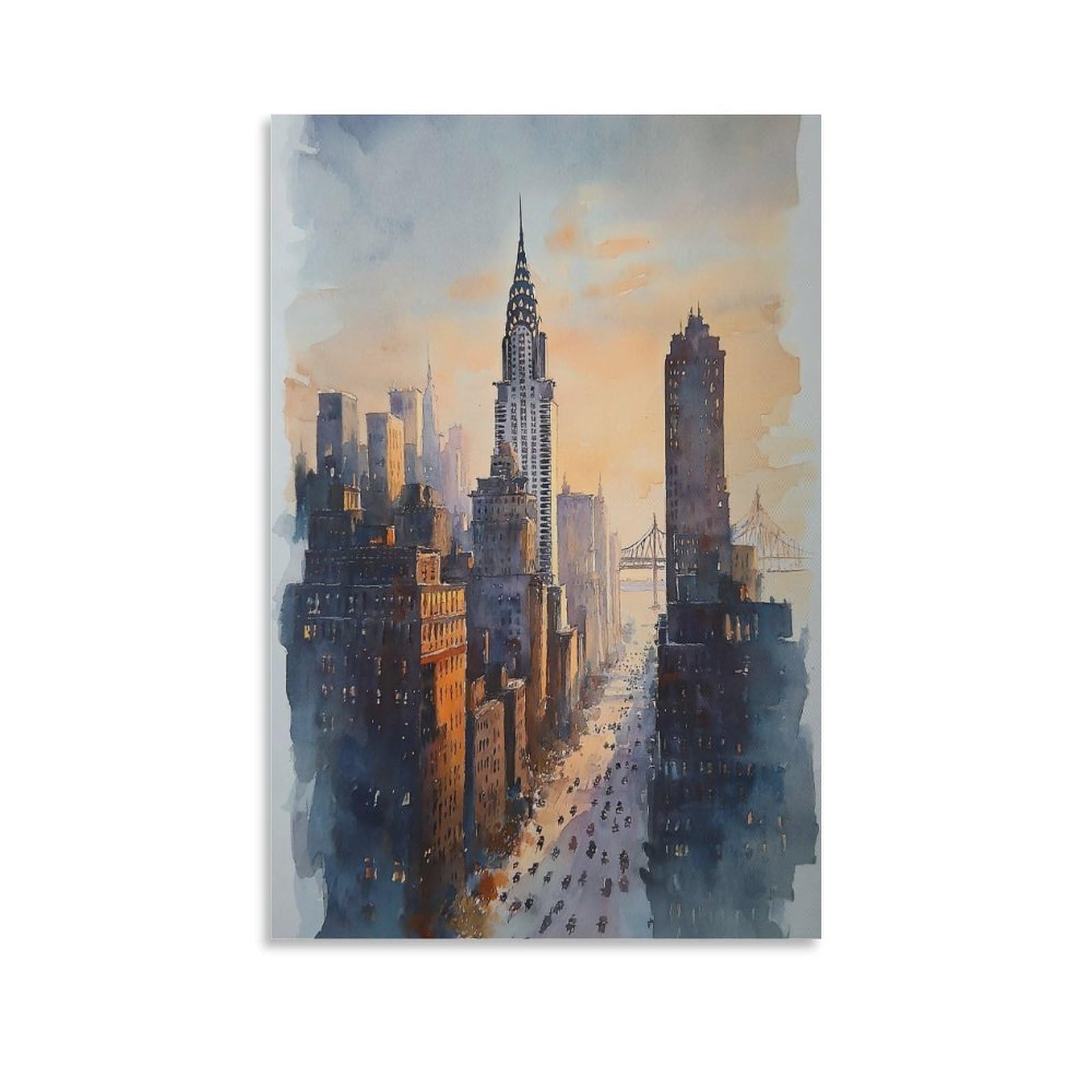 Lcynnh Unframe-Style New York Skyline Watercolor Print_ Nyc Cityscape Wall 24X36inch(60X90cm) Vintage Watercolor Canvas Art
