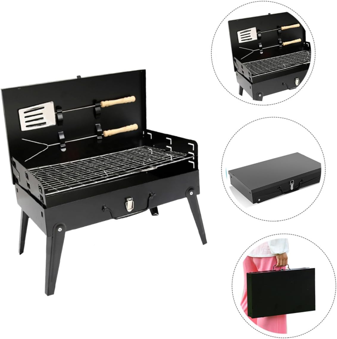 Portable Folding Bbq Grill 44x27x47cm Box-style Outdoor Barbecue Stove with Barbecue Tools, Compact Camp Kitchen Grill for Camping Picnic and Backyard Cooking