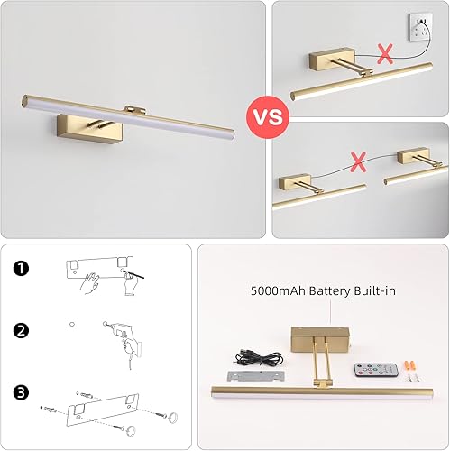 Miniatura 7 de Luz de imagen, luz inalámbrica recargable de 16 pulgadas, iluminación LED regulable, luces de pared para pinturas, lienzo, galería, retrato (latón)