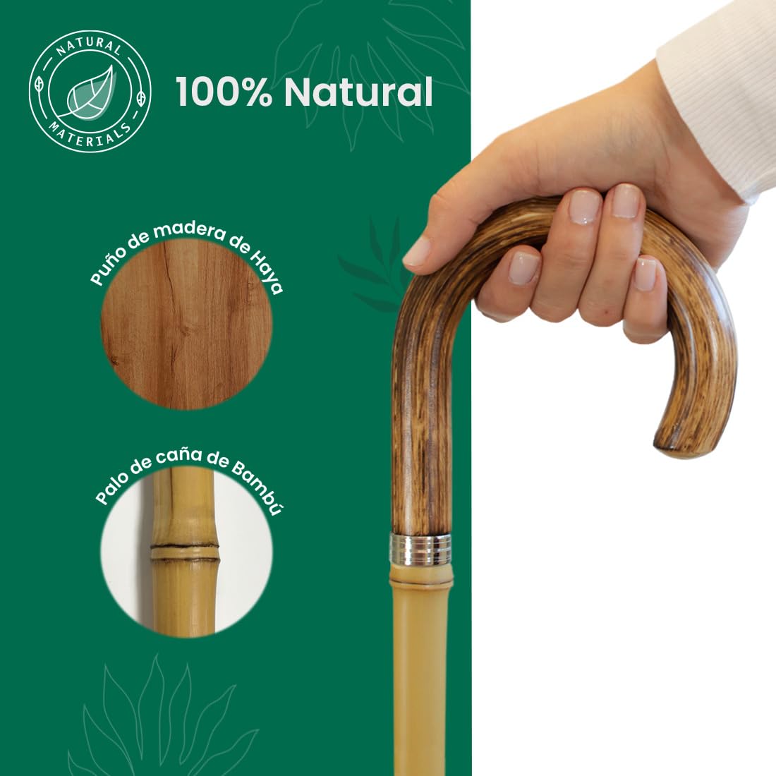 Flexor Bastón de Bambú con Puño de Madera, Puntera de Goma Ø20 mm, Altura 91,5 cm, Tonos de Madera Natural, Bastón para Movilidad