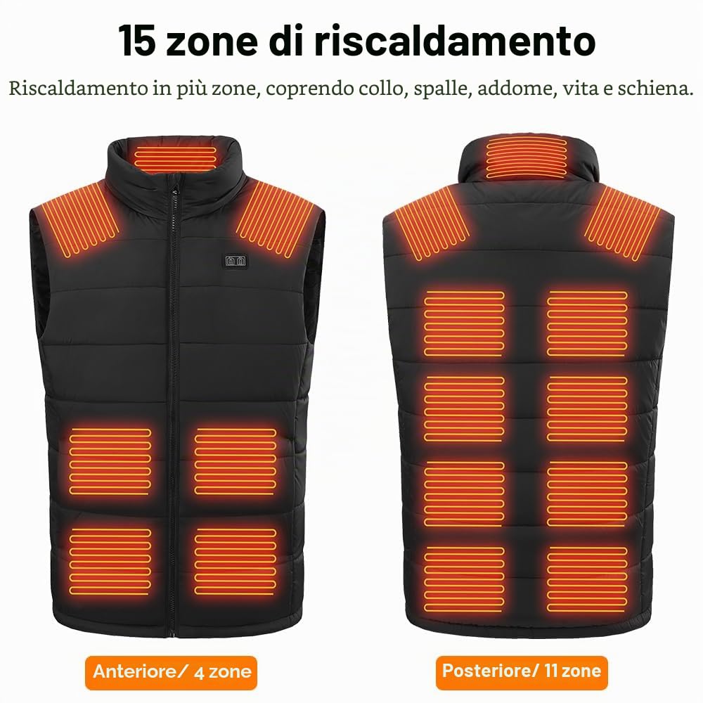 Rescien Gilet riscaldato da uomo e da donna, con 15 zone di riscaldamento, 3 livelli di temperatura, compatibile con 5 V/7,4 V, gilet elettrico USB, giacca riscaldabile, unisex, caldo