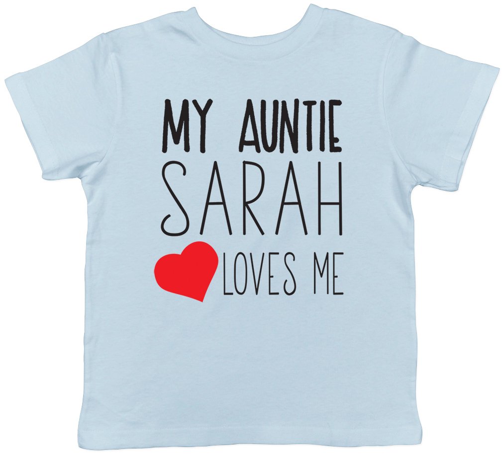 Shopagift Boys Light Blue Personalised My Auntie Any Name Loves Me Short Sleeve Kids Childrens Girls T-Shirt Customised Tee Shirt Birthday Gift Idea For Niece Nephew From Aunty Aunt