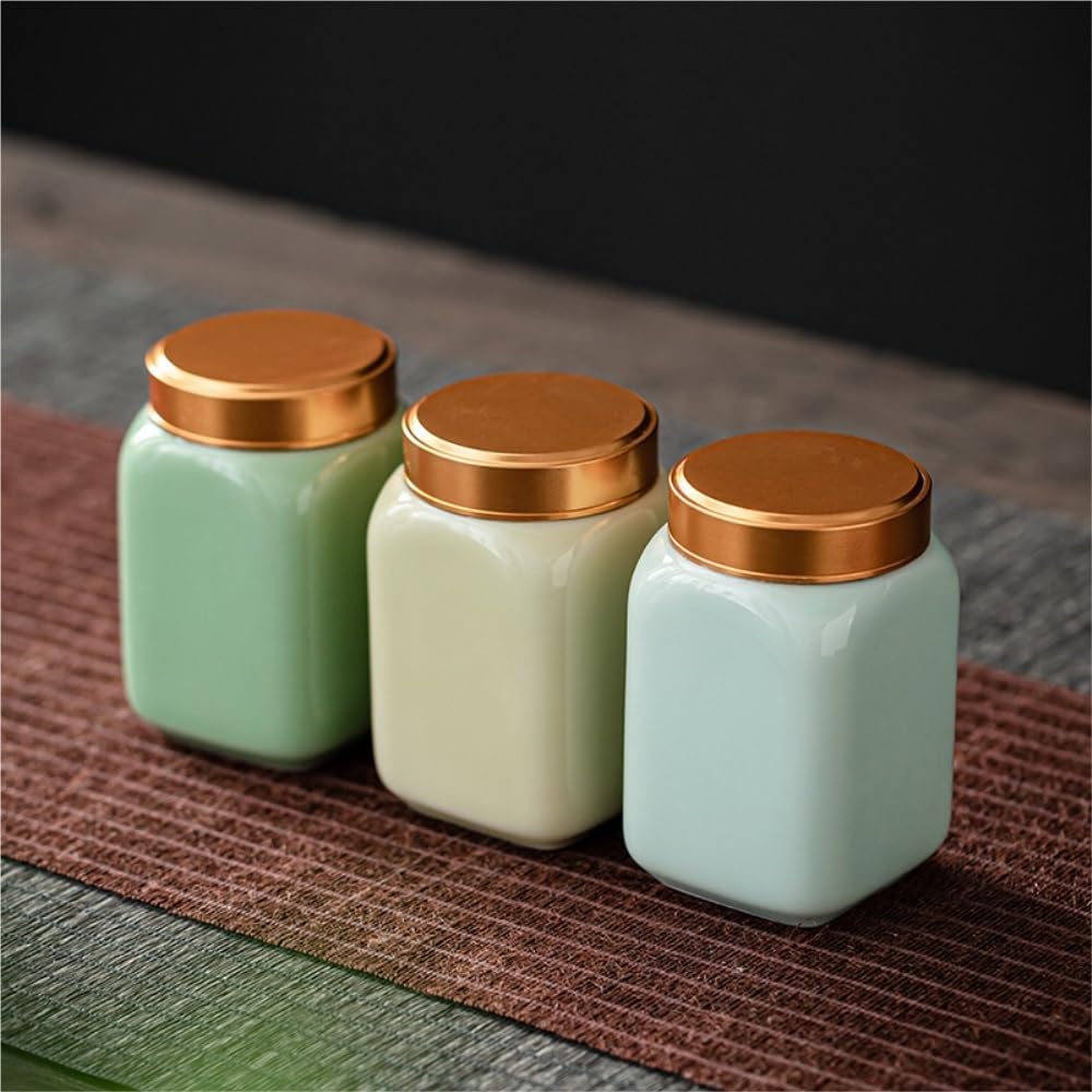 SONGCHAO Sugar Jar Creative Celadon Loose Tea Storage Container Jar Ceramic Small Sealed Empty Retro Set Three Jars Tea Canister