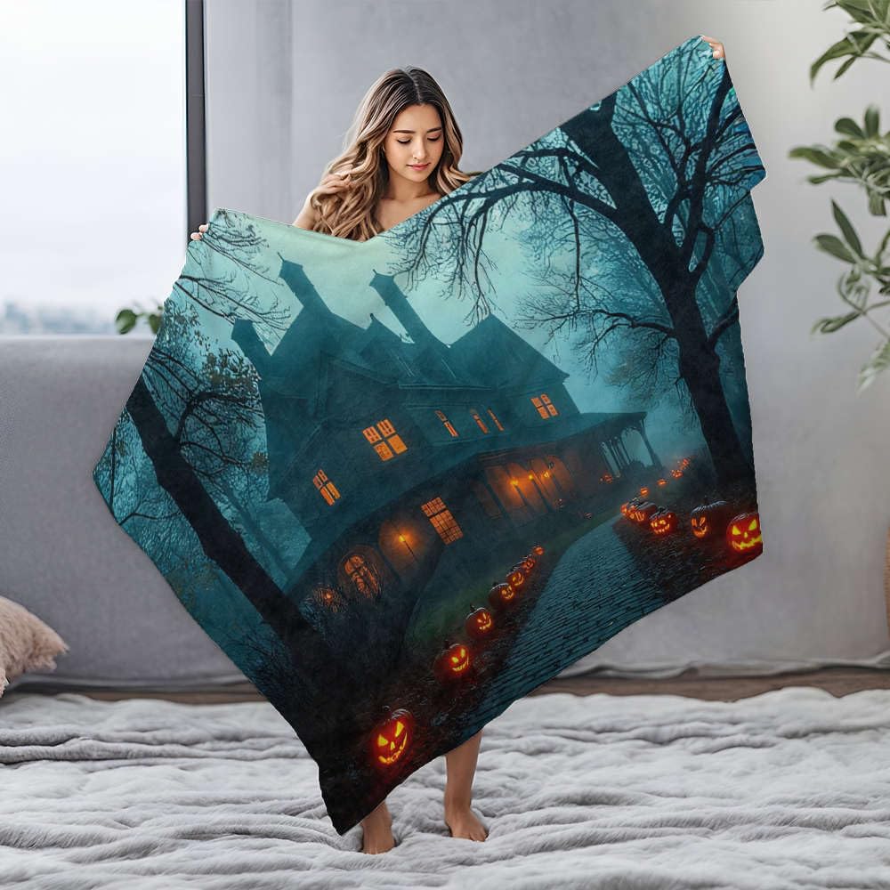 Pluszowy koc Halloween dynie rozświetlają upiorną ścieżkę do niesamowitego domu. Koc flanelowy w rozmiarze king size, narzuta na łóżko, rozmiar queen size (150 x 200 cm)