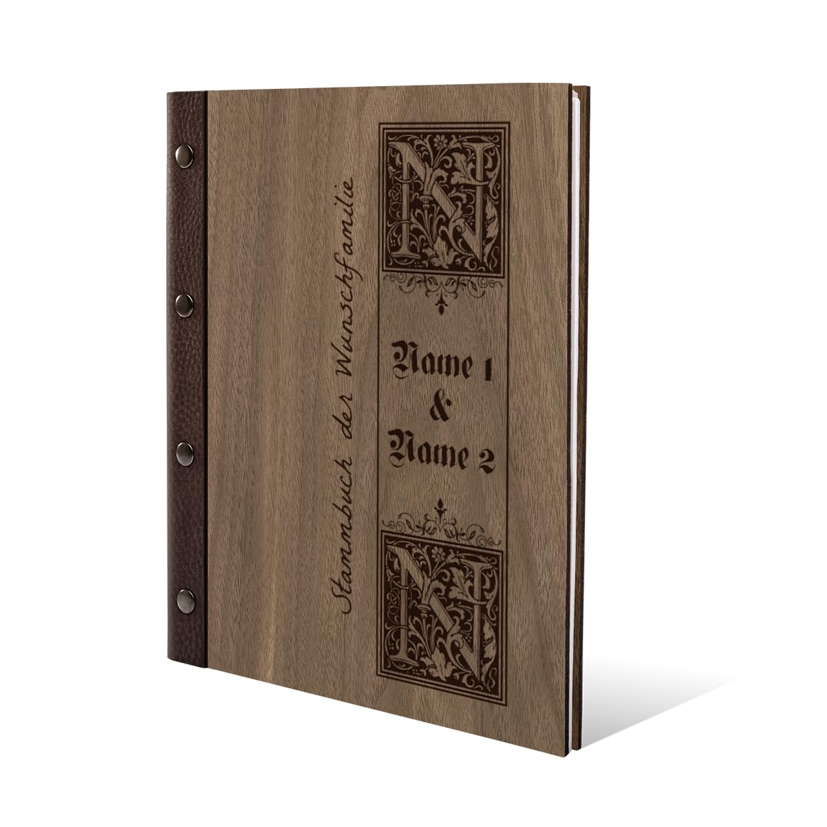 Personalisiertes Stammbuch Hochzeit aus echtem Holz mit Leder Rücken A5 oder A4 inkl. vorgedruckten Seiten - Siegelbrief