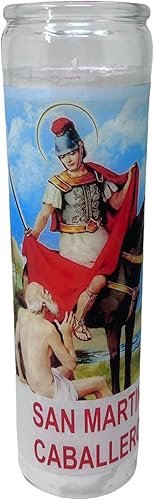 Veladora de rezo San Martín Caballero oración al reverso en español para problemas económicos 14 oz vaso grande una pieza Blanca sin esencia
