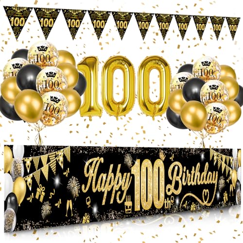 Décorations Anniversaire 100 ans pour Hommes et Femmes, Or Noir Bannières Joyeux 100 ans Anniversaire Numéro 100 Ballons en Or Noir Ballon de Confettis Bannière de Drapeau Triangle de Feux D'artifice