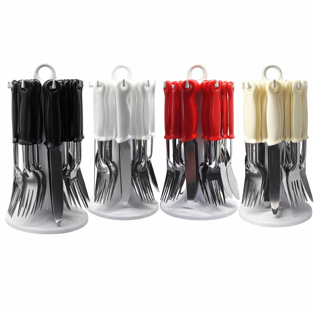 NEW 24PC Cutlery Dinner Set Stainless Steel Metal Stand Rack Forks Tea Spoons (Black)