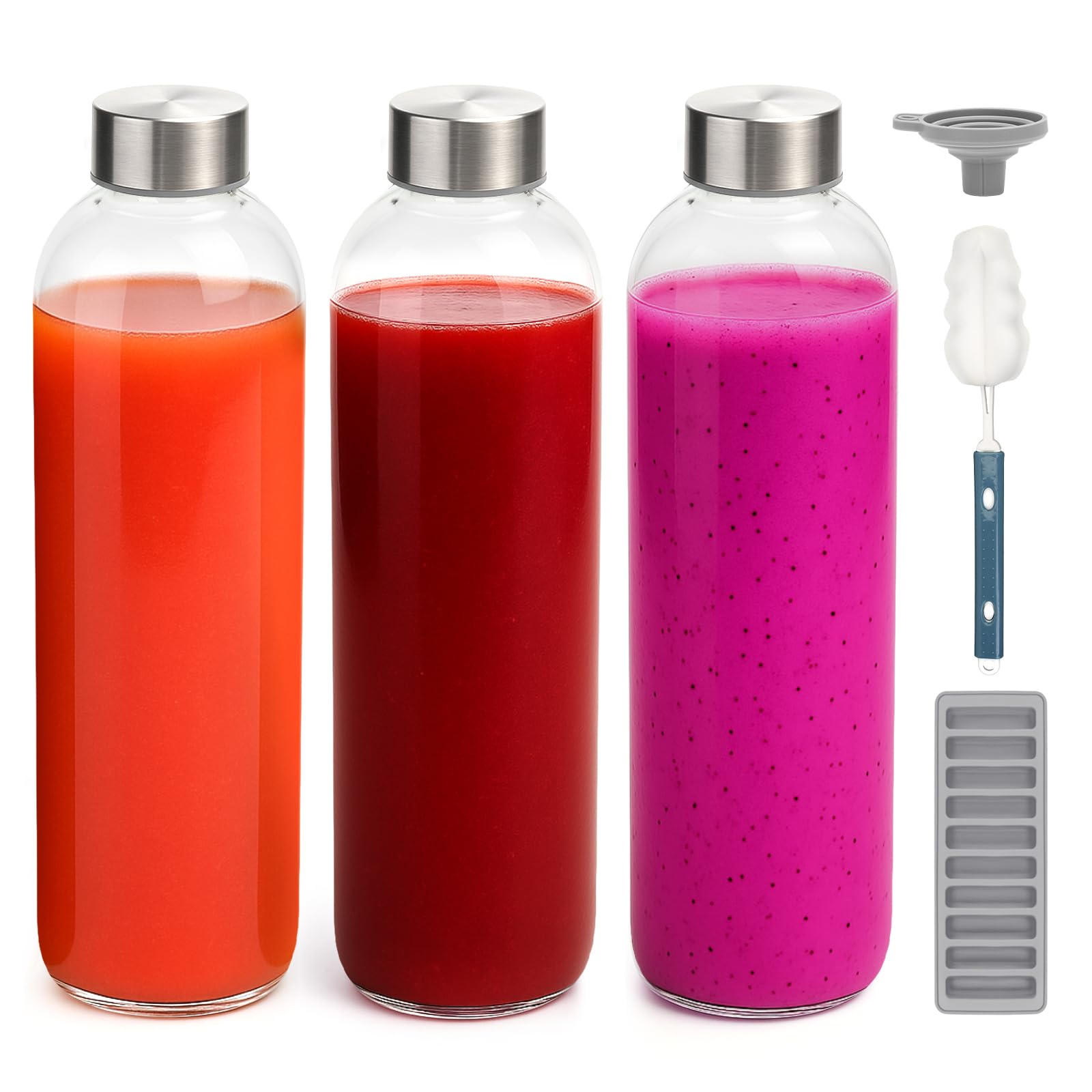 Zukro Glass Water Bottles with Lids 32 oz, 3 Pack Reusable Large Juice Bottles With Stainless Steel Airtight Cap for Juicing, Leak Proof Clear