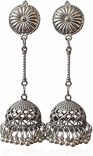 Long Jhumka Earrings, Silver Tone, Dome Shape, Filigree Design with Dangling Beads, Traditional Indian Style Price In India