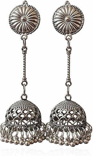 Long Jhumka Earrings, Silver Tone, Dome Shape, Filigree Design with Dangling Beads, Traditional Indian Style