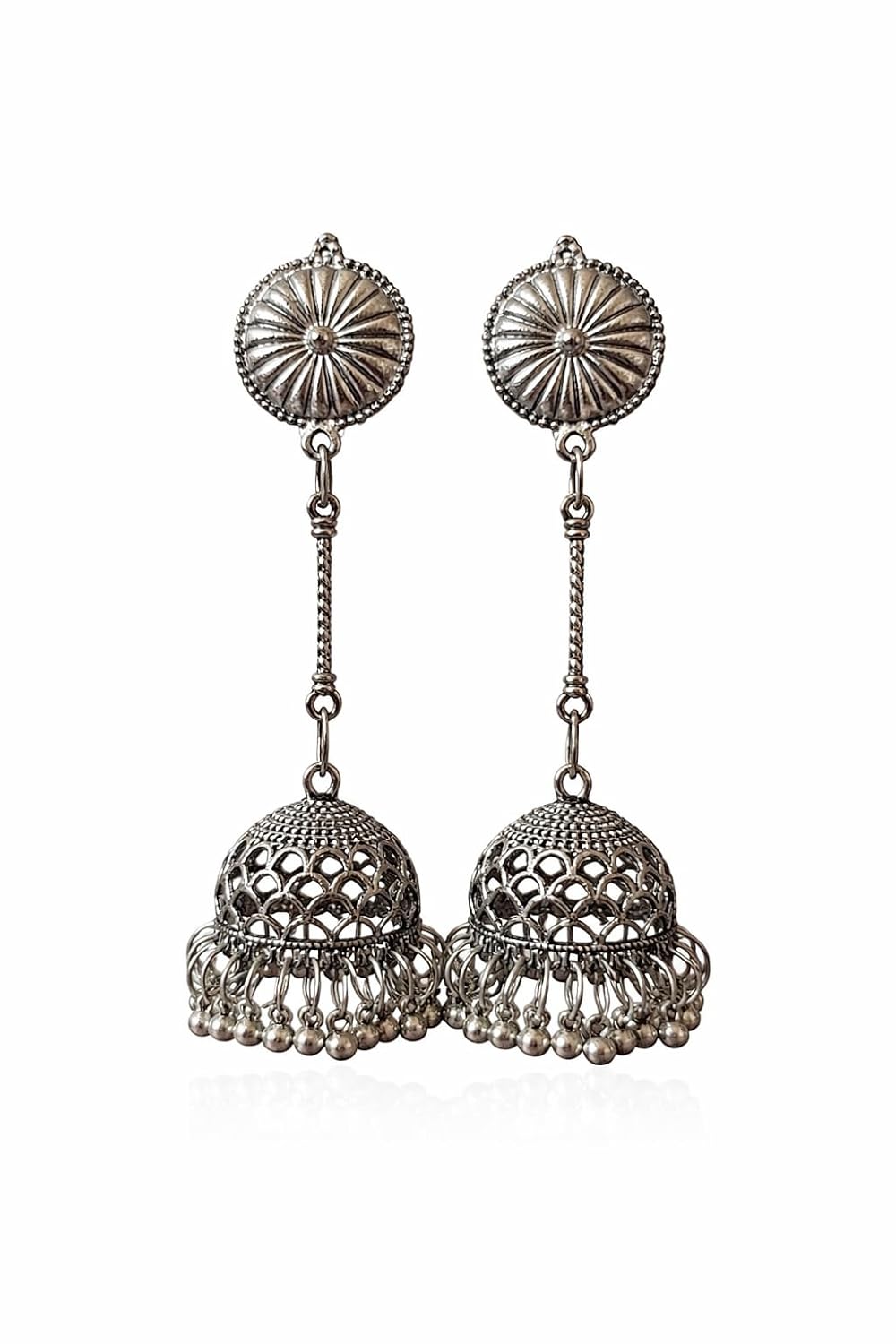Long Jhumka Earrings, Silver Tone, Dome Shape, Filigree Design with Dangling Beads, Traditional Indian Style - Review, Price and Buying Guide