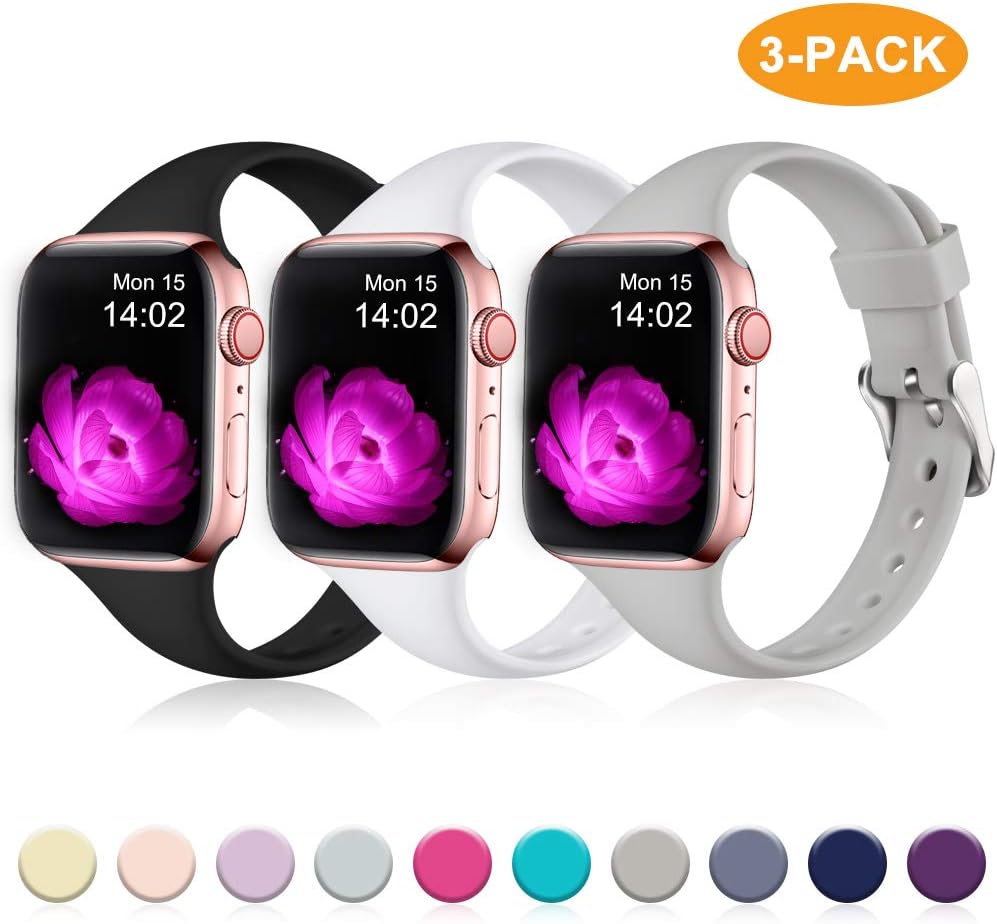 GEAK Narrow Bands Compatible for Apple Watch 44mm Series 4 Series 5,Slim Silicone Apple Watch Band 42mm Women for iWatch Series 3/2/1,3Pack Apple Watch 5 Band,42mm/44mm S/M Black/White/Gray