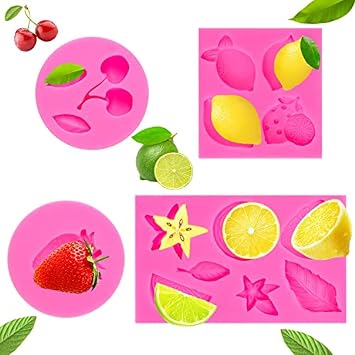Fruit Molds 4PCS Fruit Silicone Molds Cherry Strawberry Lemon Star Leaves 3D Mini Fruit Shaped Silicone Mold for Candles Chocolate Candy Snack Jelly Cupcake Cake Gummies Fondant Decorating