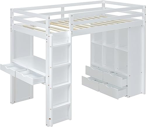 Miniatura 95 de Cama tipo loft de tamaño individual con 3 estantes, 2 armarios y 2 cajones, cama alta funcional con escalera de almacenamiento, marco de cama loft