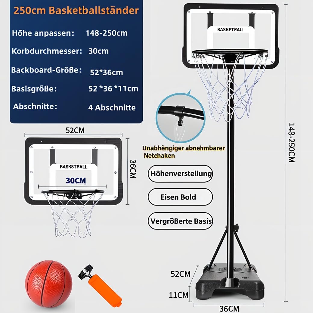 Basketballkorb Outdoor Kinder mit Basketball und Luftpumpe, 148-250cm Einstellbare Höhe, Der Beste Basketballkorb Outdoor Für Kinder von 6-12 Jahren