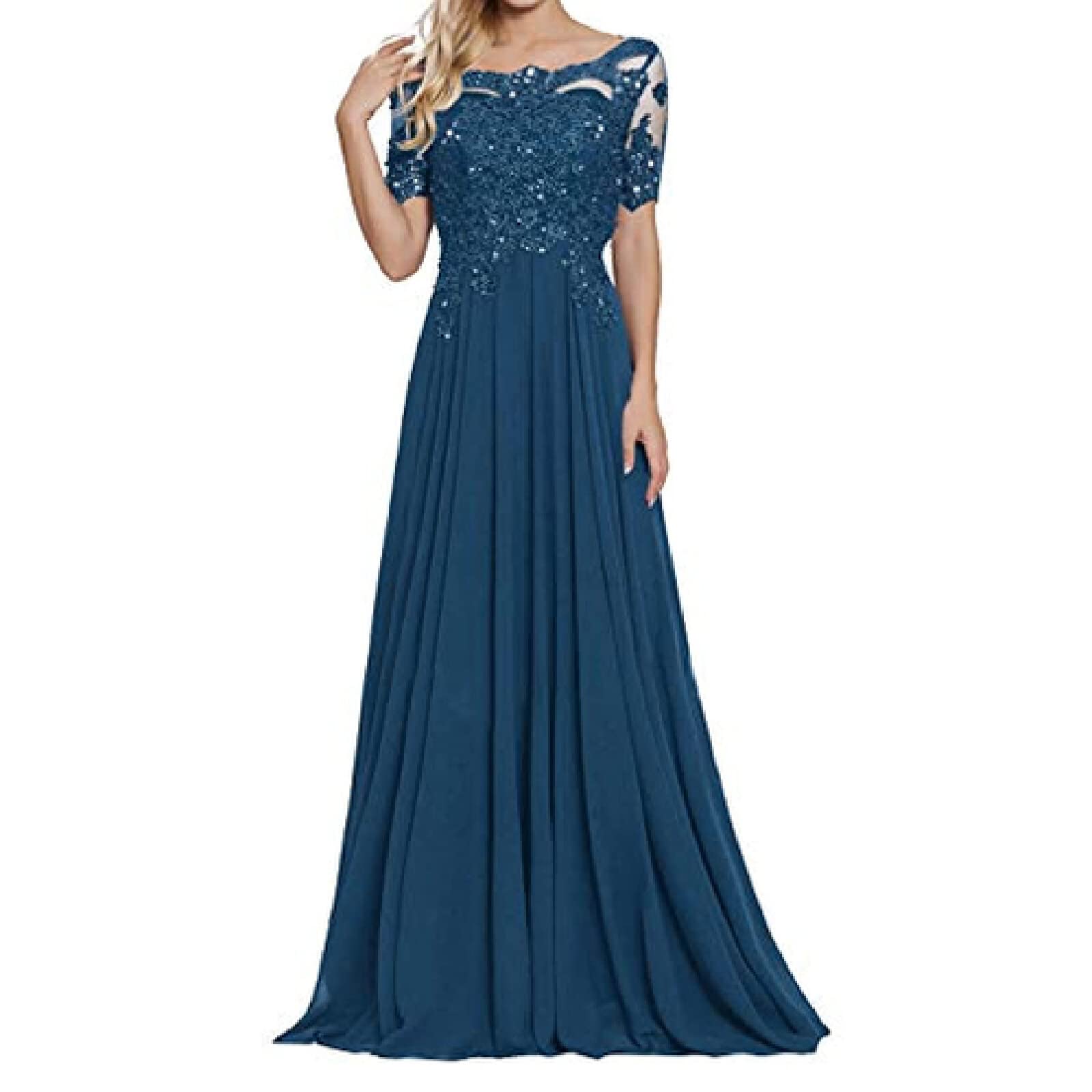 Abendkleider Elegant,Schulter-Kurzarm-Partykleid mit Spitzenapplikationen-Tinte-Blaue Farbe_54,Ballkleid Brautjungfernkleider Festkleid