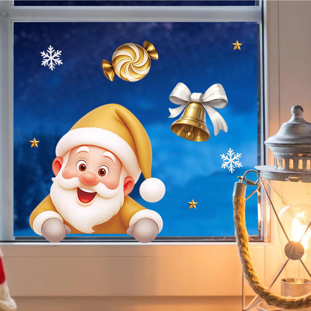 2 Bögen goldene Weihnachts-Fensteraufkleber, groß, Winter-Fensteraufkleber, Weihnachtsmann, Elch, Glocke, Süßigkeiten, Lebkuchenmann, Designs, doppelseitige Schneeflocken-Fensteraufkleber für Urlaub