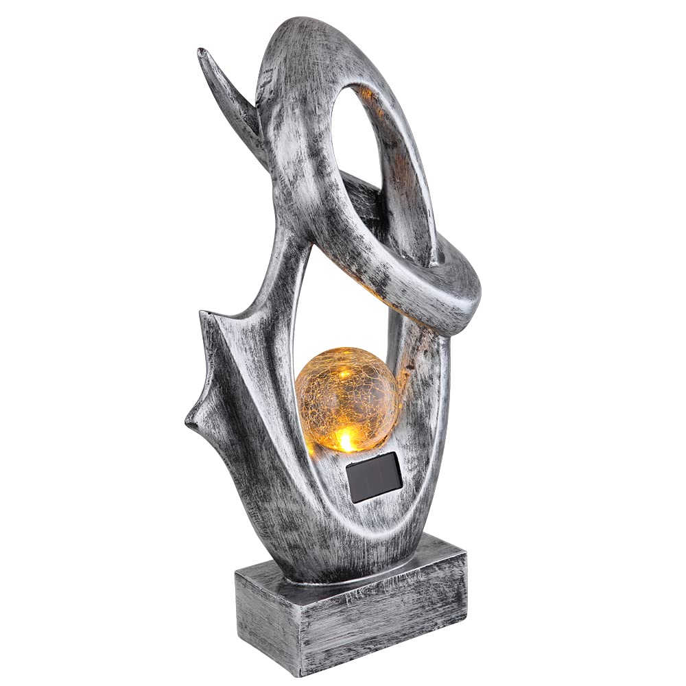GLOBO Solarlampe für Außen Garten Deko Terrassen Lampe Außen Boden Solar Lampe Outdoor stehend, mit Feuereffekt, Skulptur silber, Crackle Glaskugel, 1x LED 3000K, BxH 25,5x45 cm