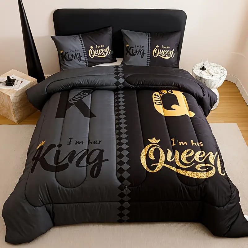 Luxurious King and Queen Themed Comforter Set, Grey and Black Couples Bedding for Bedroom Decor, 1 Comforter and 2 Pillowcases - Queen Size