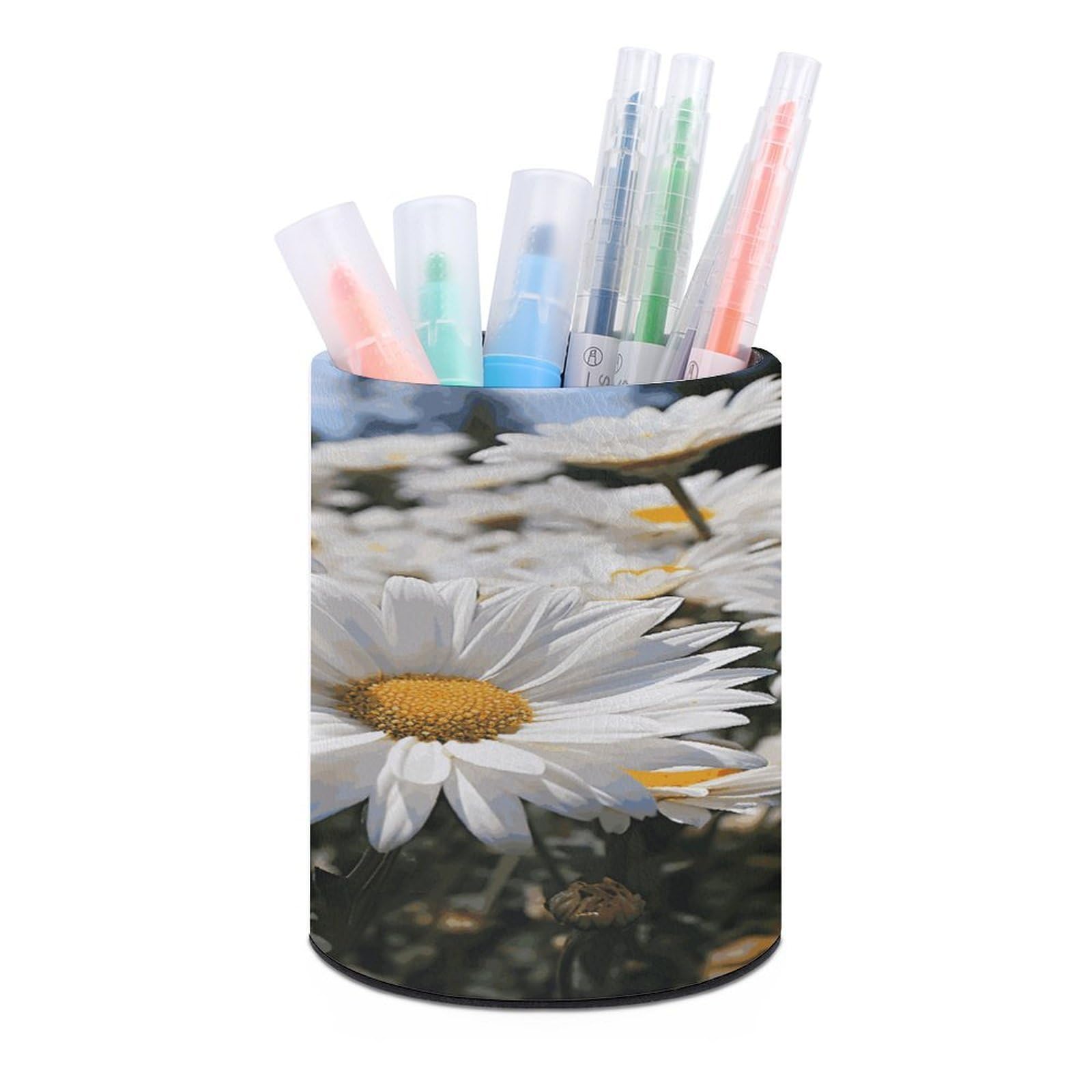 FekiLoot Wild White Daisies Pen Holder Personalized Desktop Pencil Holders Case Office Accessories Container Box for Round Pen Cup Desktop Organizer Makeup Brush Holder Caddy Storage