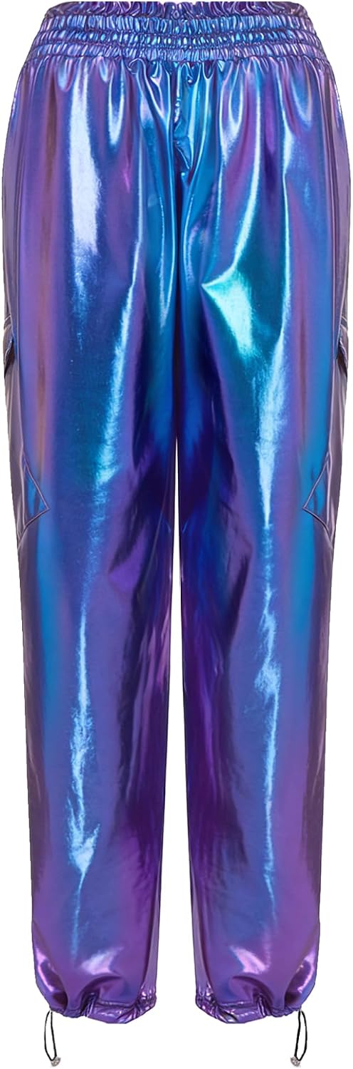 Womens Metallic Shiny Cargo Pants Elastic Waistband Hip Hop Jazz Dance Rave Joggers Streetwear