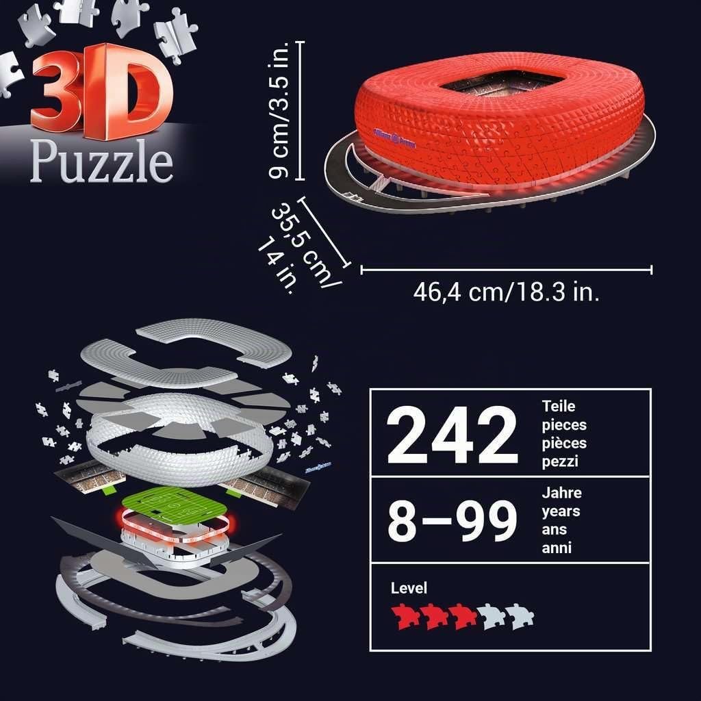 Ravensburger 3D Puzzle Allianz Arena bei Nacht 12530 - Bayern München Fanartikel - leuchtet im Dunkeln: Erleben Sie Puzzeln in der 3. Dimension