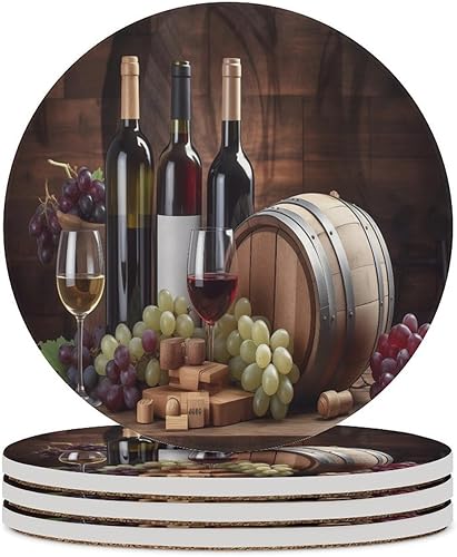 Round-4 posavasos de cerámica para vino tinto, posavasos redondos absorbentes para bebidas, estilo vintage de madera, vino tinto, uvas, frutas y