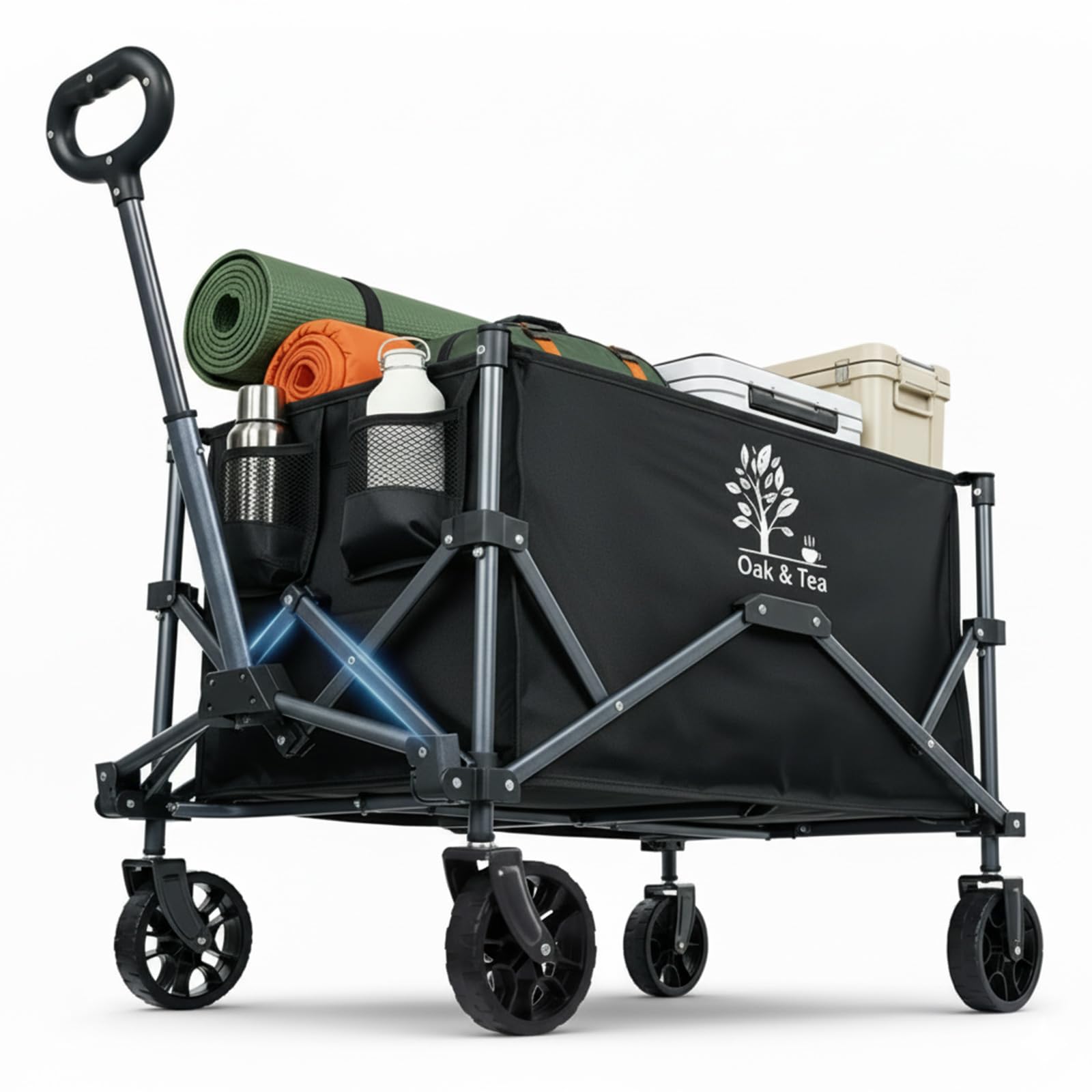 Oak & Tea 100L Festival Trolley on Wheels, Lightweight Foldable Camping Wagon with Compact Fold & All-Terrain Wheels for Garden Beach Picnic Shopping, Black