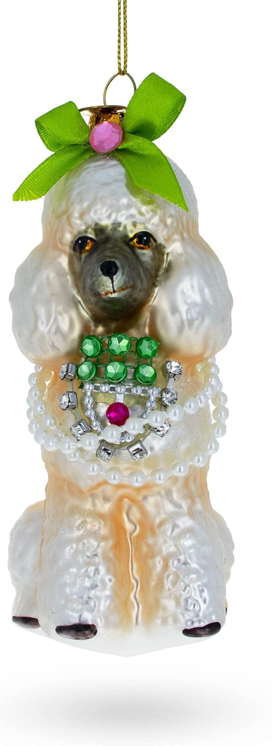 Elegant Poodle with Green Bow Blown Glass Christmas Ornament - Image 2