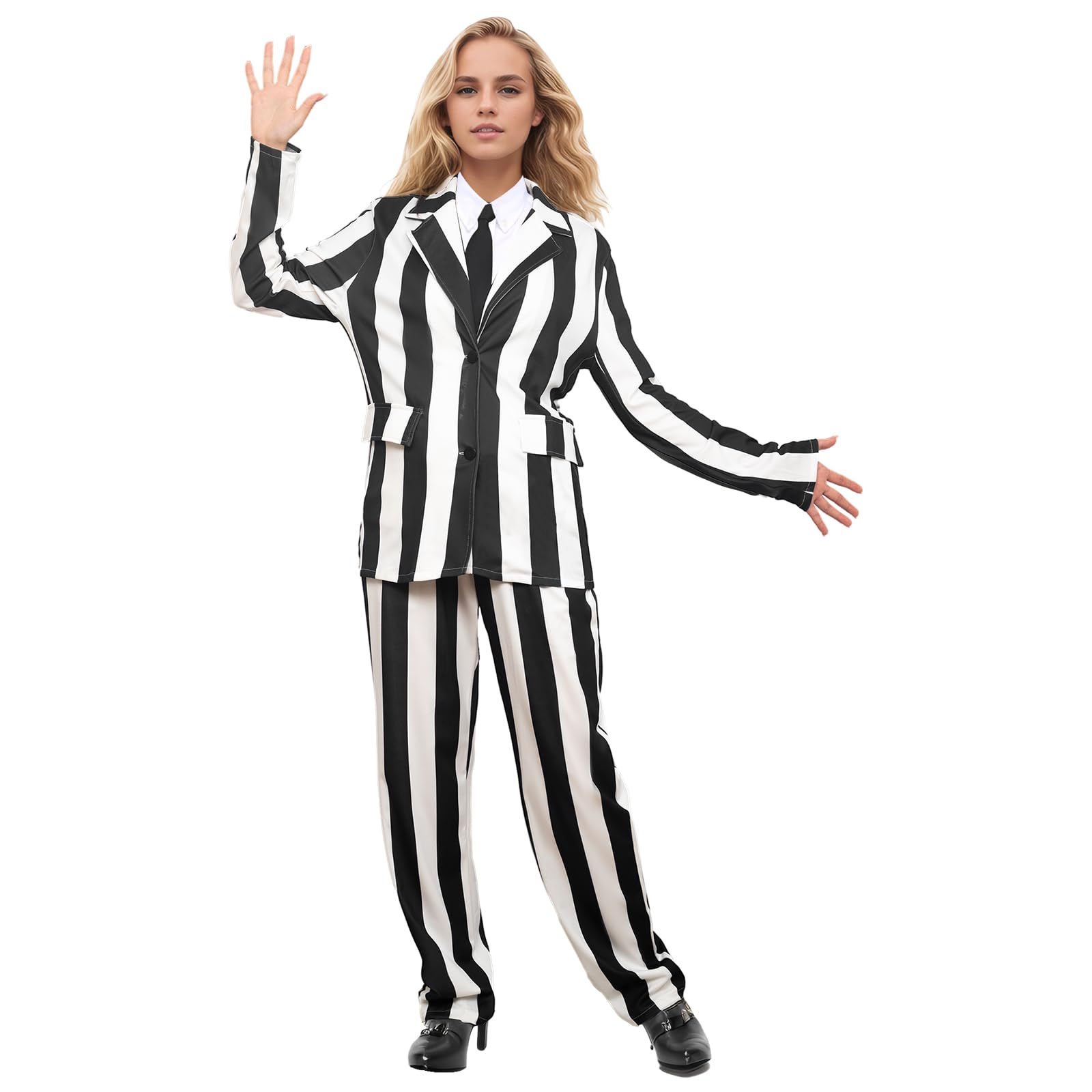 AKFJDLAD Women Long Sleeves Black and White Striped Suit Horror Costume Cosplay Halloween Blazer Length Pant Outfit with Tie (3XL) - Image 2
