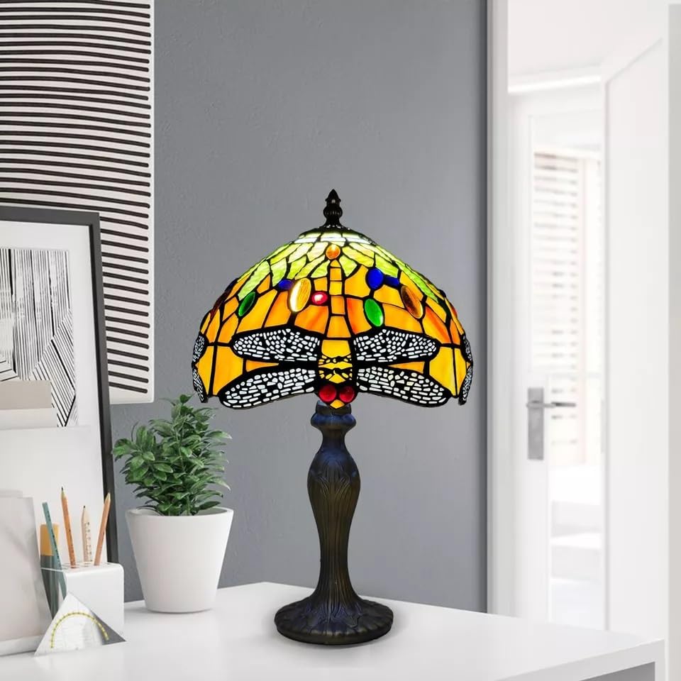 TIFFORA Tiffany Table Lamp – Stained Glass Bedside Lamp, Vintage Art Deco Desk Light for Bedroom, Living Room & Reading, 10 Inch, E27 LED Bulb Compatible Tiffany Style Lamps