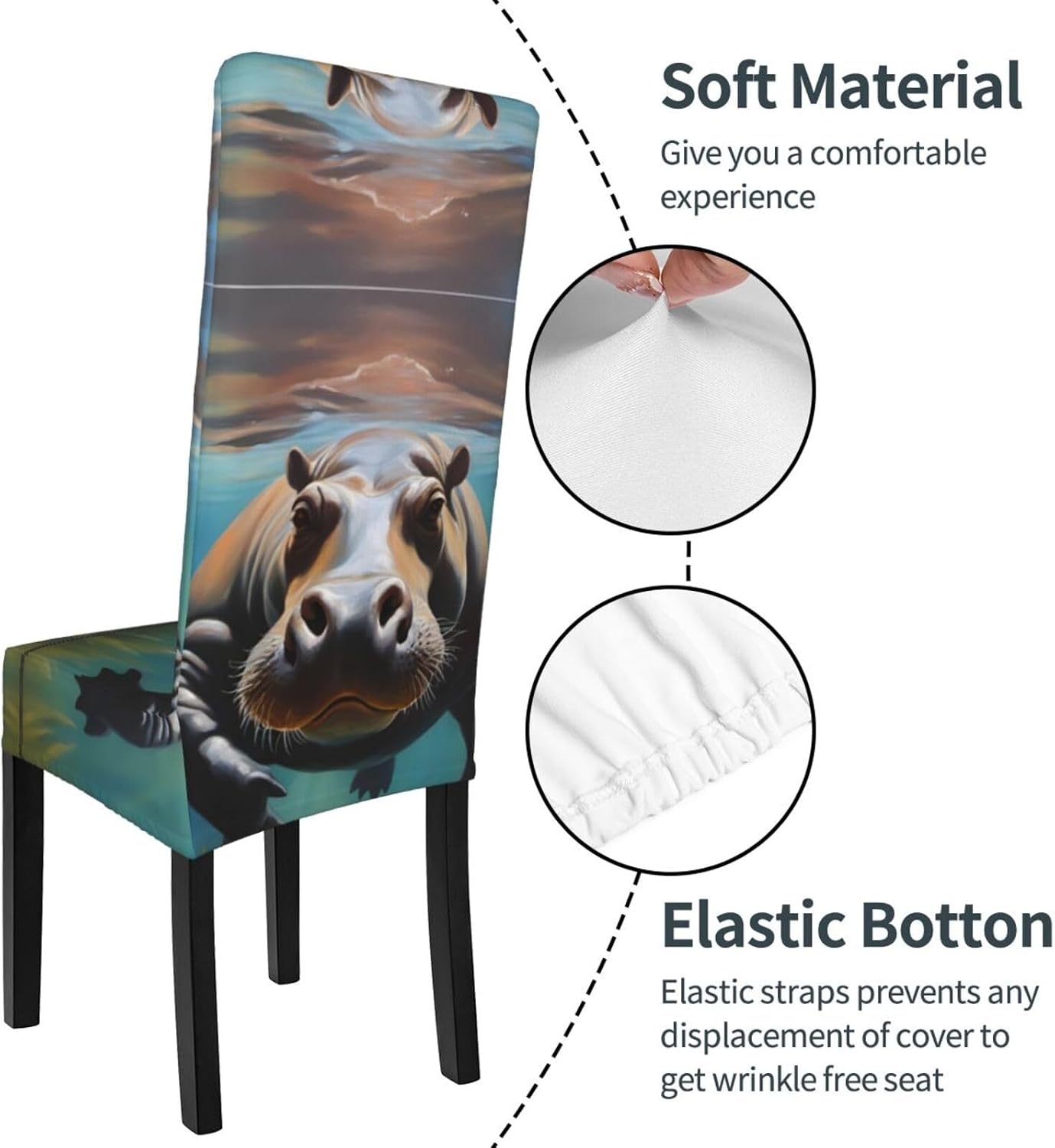 Diving Hippo Prints Protection Cover for Dining Chair - Stretchable Chair Throw Covers for Dining Room, Hotel Event Party