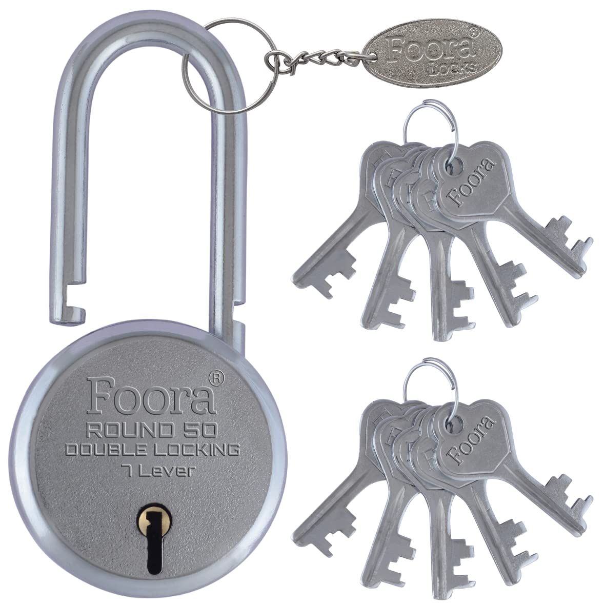 Foora Round 50mm Lock and Keys | Long Shackle | Home Metal Body | Double Locking | 7 Steel Lever | 10 Silver Keys with Keychain | Silver Finsih | Made in India | Export in USA | Canada (B0BVW1MJG1) Amazon Price History, Amazon Price Tracker