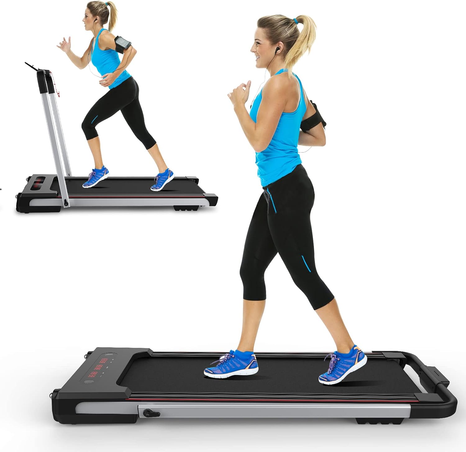 LeapYouth 2 in 1 Under Desk Treadmill, 2.25HP Folding Electric Treadmill with Remote Control and LED Display,Walking Jogging Running Machine for Home Office Use, Installation-Free, Red 