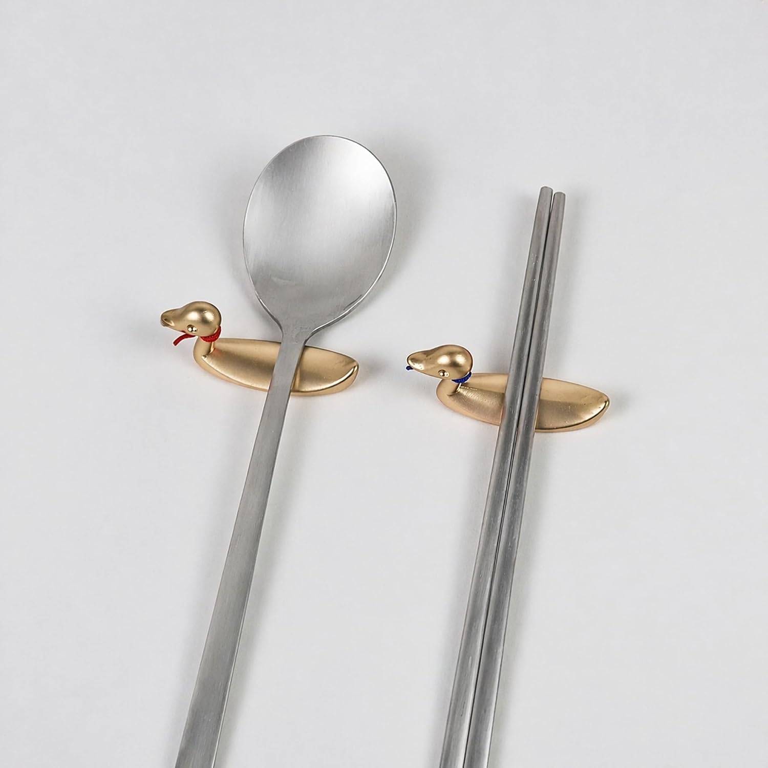 Mandarin Duck Couple Spoon Rest Set - Traditional Korean Harmony Symbol Gold Tone - Magnetic Utensil Holder - Wedding Housewarming Gift