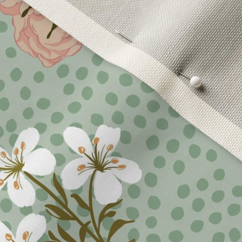 Spoonflower Fabric - Bouquet Sage Pink Roses Green Ditsy Floral Vintage Antique Printed on Upholstery Velvet Fabric Fat Quarter - Upholstery Home Decor Bottomweight Apparel