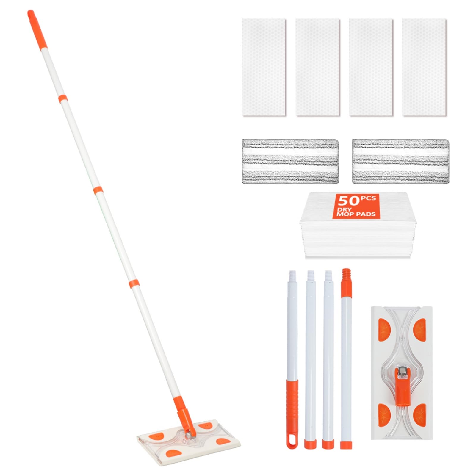 Mops for Floor Cleaning,55" Handle with 10" Flat Head with 4 Magic Sponge Eraser Pads、2 Microfiber Pad and 50 Dry Cleaning Cloths,for Mopping Home,