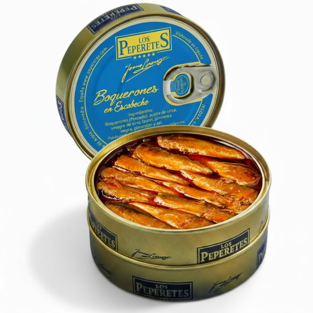 LOS PEPERETES Boquerones Sardellenfilets in Escabeche 120 g | Galicische Gourmet-Konserve | Sardellen in Olivenöl und Essig | Handwerkliche Herstellung | Traditioneller Geschmack