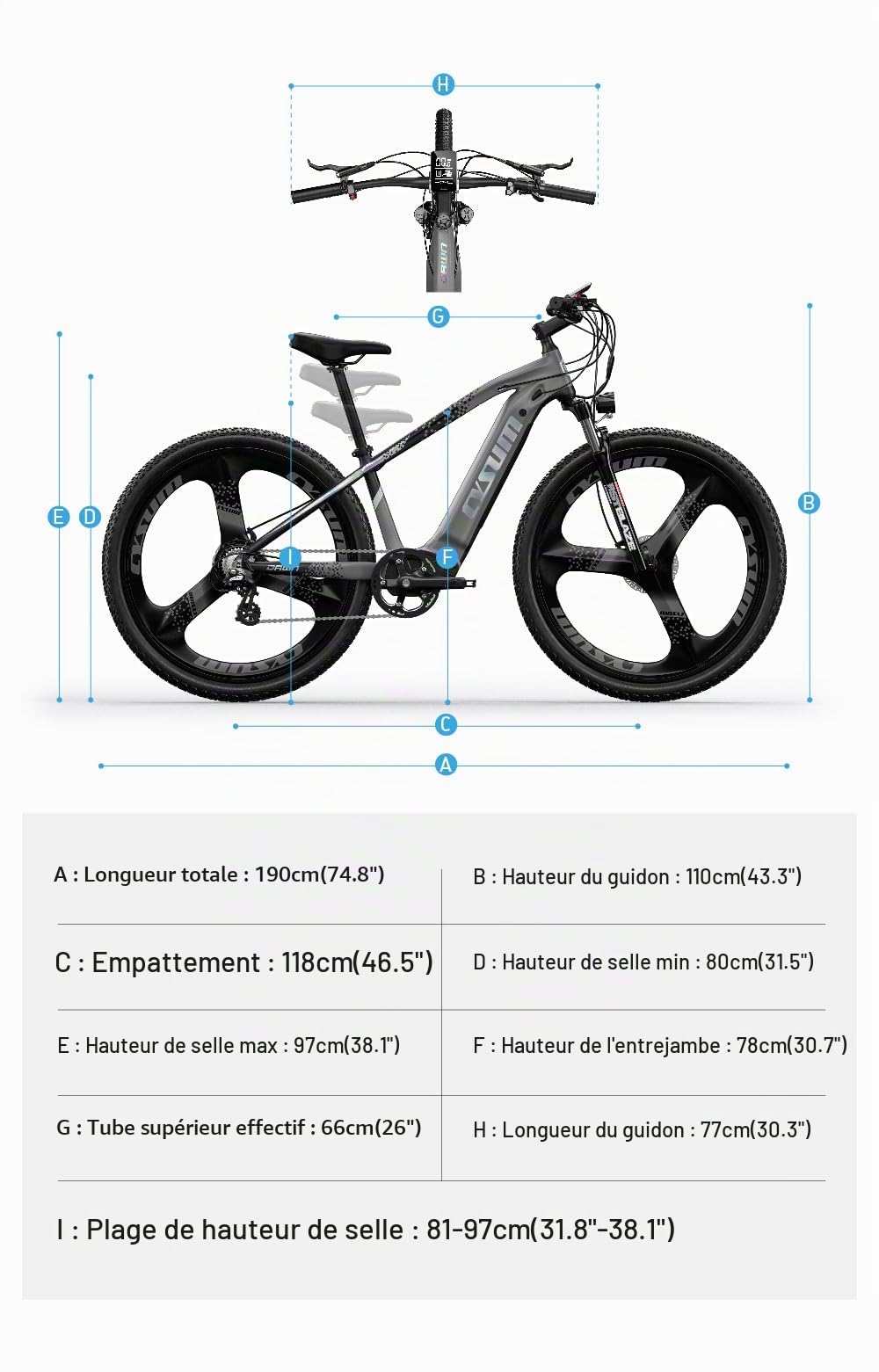 cysum VTT électrique pour homme 29 pouces, vélo électrique montagne adulte, vélo tout-terrain électrique, batterie lithium amovible 720 Wh, portée de 90-120 km, frein à disque hydraulique