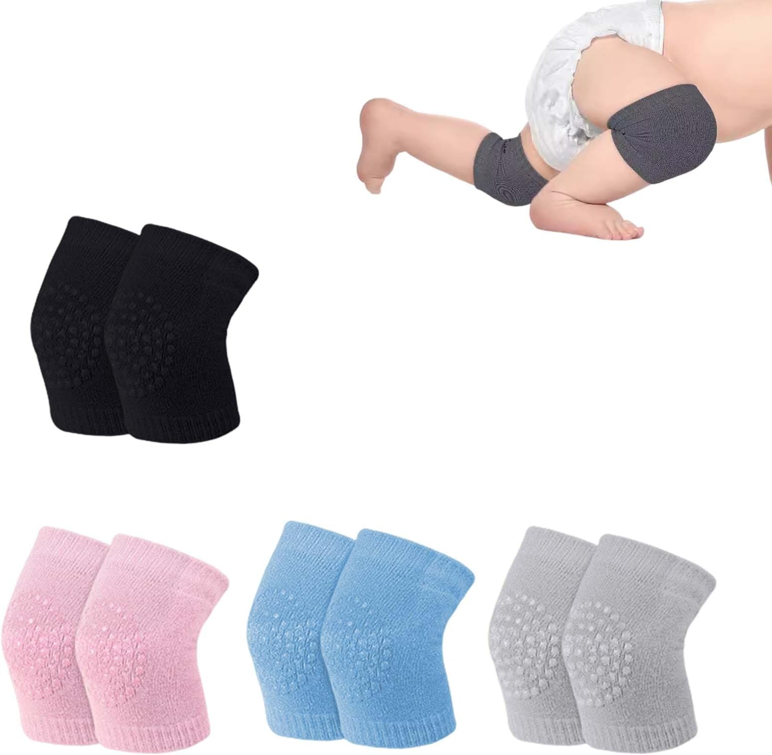 dinghaole4 Pairs Baby Crawling Anti-Slip Knee Pads - Unisex Toddler Knee Protectors for Safety Walking - Soft & Breathable Baby Knee Pads for Comfortable Crawling, Grey Dark grey Pink Black Blue,